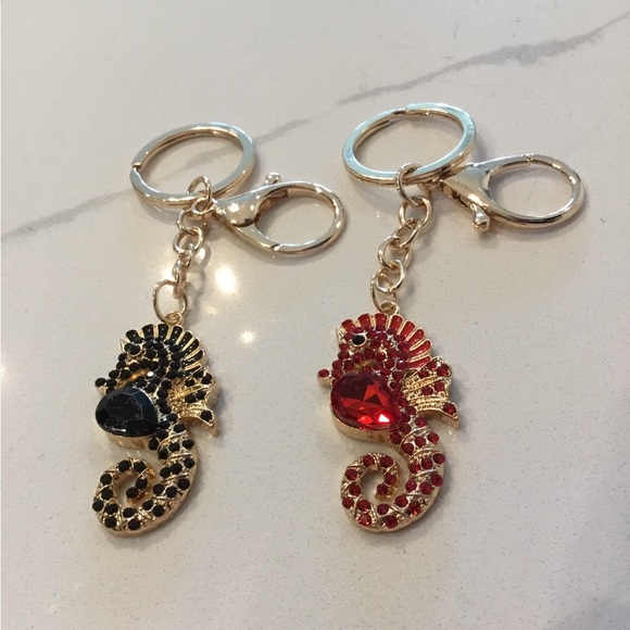 Seahorse Bag Charm or Keychain Gold w/Sparkling Black or Red Crystals - Picture 1 of 1